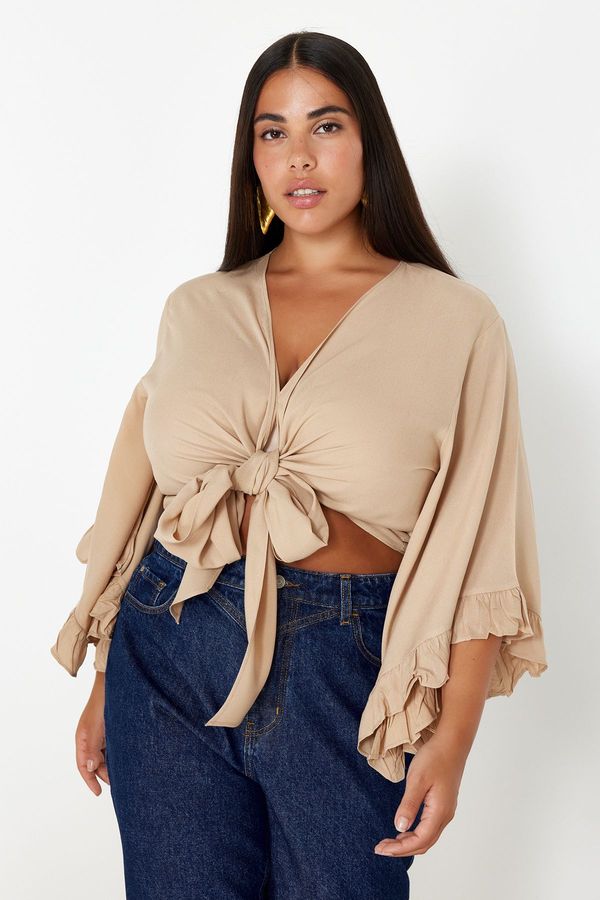 Trendyol Trendyol Curve Mink Crop Sleeve Ruffle Flounce Double Breasted Collar Beach Wear Blouse