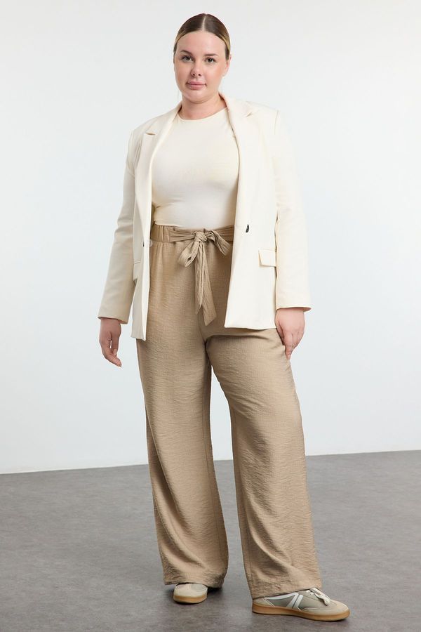 Trendyol Trendyol Curve Mink Elastic Elastic Waist Belted Wide Leg Woven Plus Size Trousers