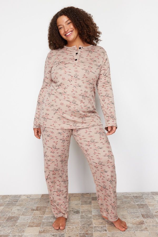 Trendyol Trendyol Curve Mink Floral Pattern Knitted Pajamas Set