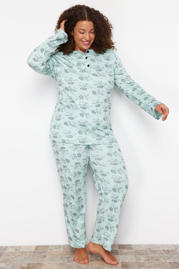 Trendyol Trendyol Curve Mint Buttoned Floral Pattern Knitted Pajamas Set