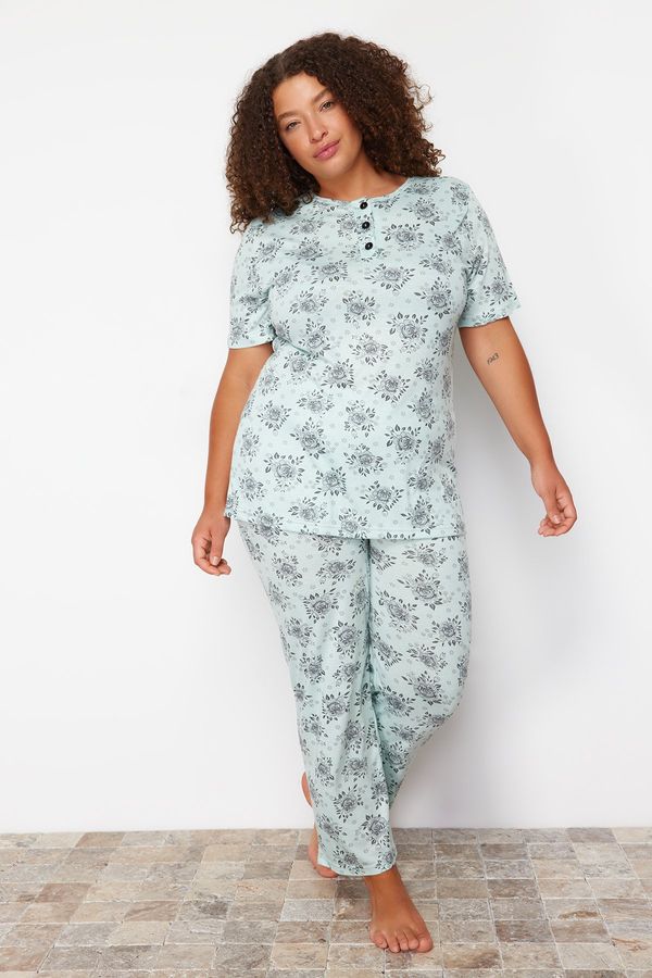 Trendyol Trendyol Curve Mint Buttoned Flower Patterned Knitted Pajamas Set
