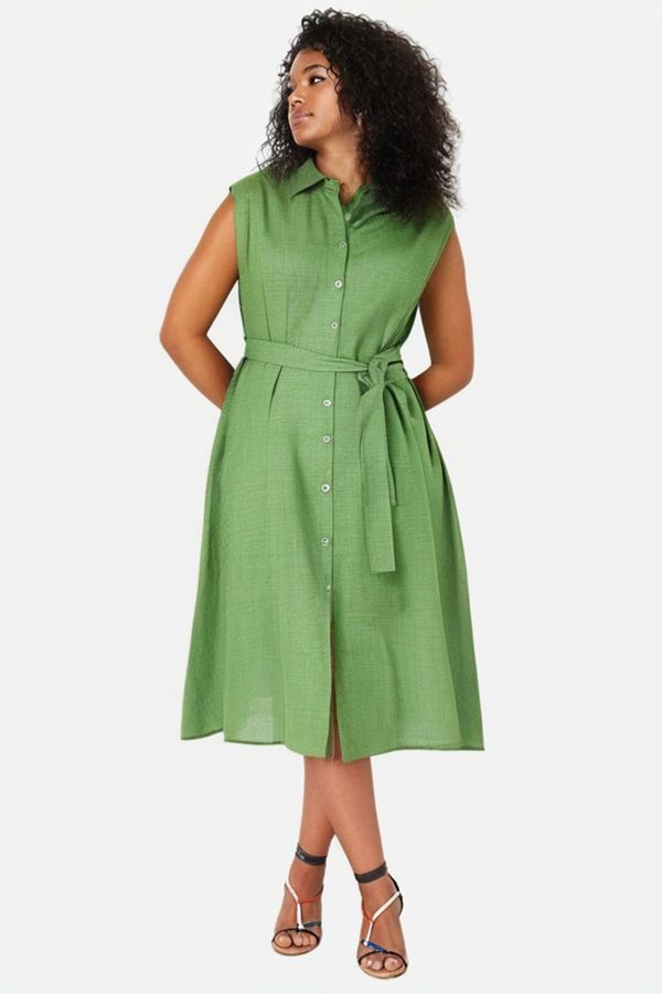 Trendyol Trendyol Curve Mint Large Size Belted Waist Woven Shirt Dress