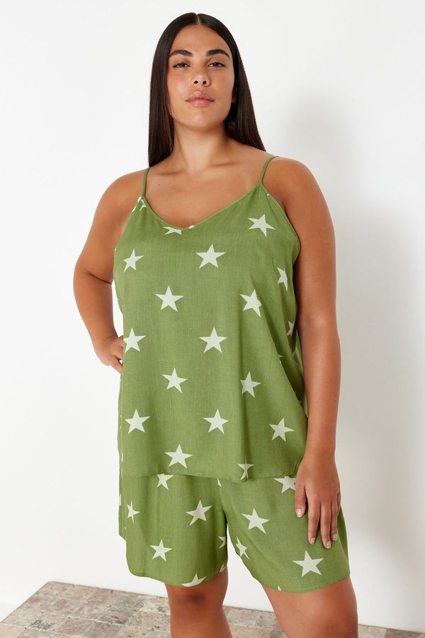 Trendyol Trendyol Curve Mint Star Patterned V-Neck Woven Pajama Set