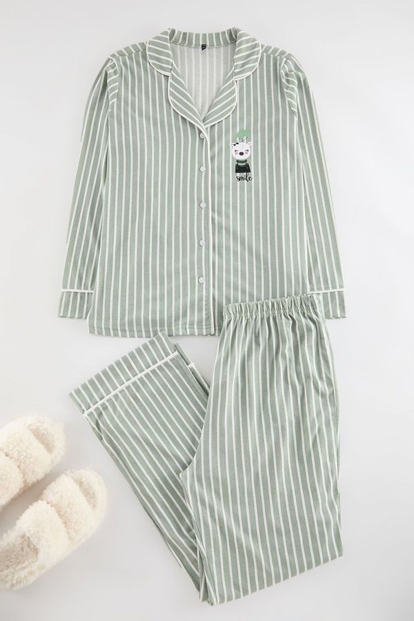 Trendyol Trendyol Curve Mint Striped Shirt Collar Piping Knitted Pajamas Set