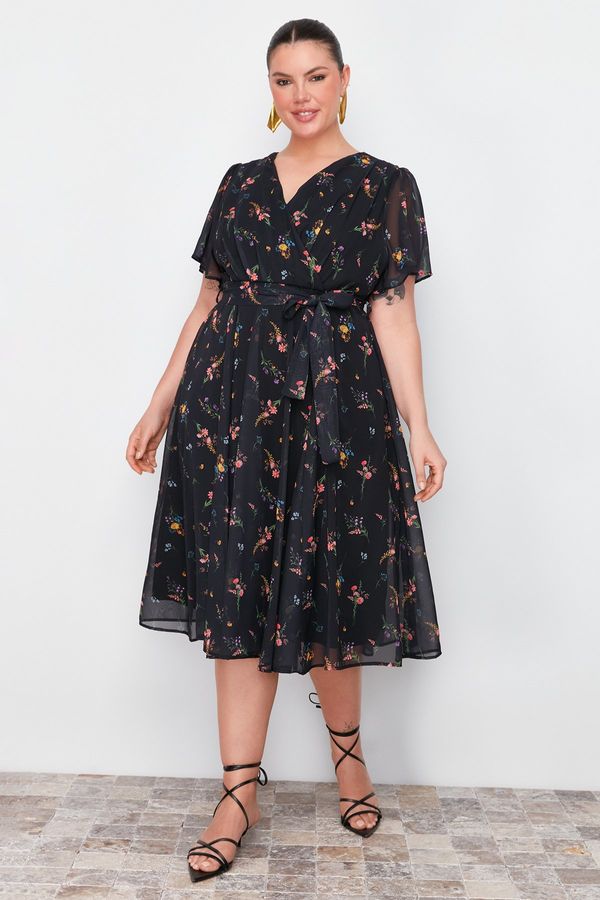 Trendyol Trendyol Curve Multi Color Floral Pattern Chiffon Double Breasted Woven Dress
