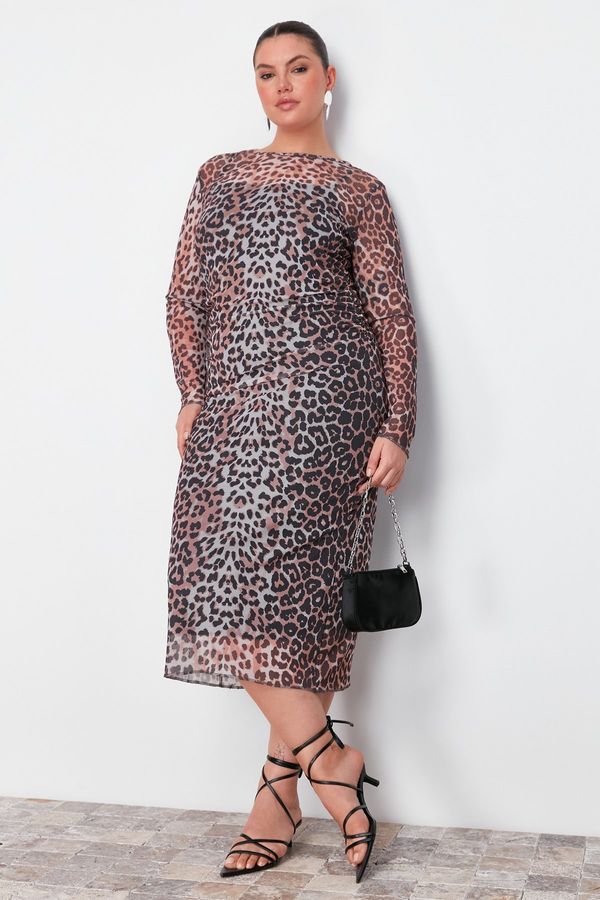 Trendyol Trendyol Curve Multi Color Leopard Patterned Tulle Midi Knitted Dress