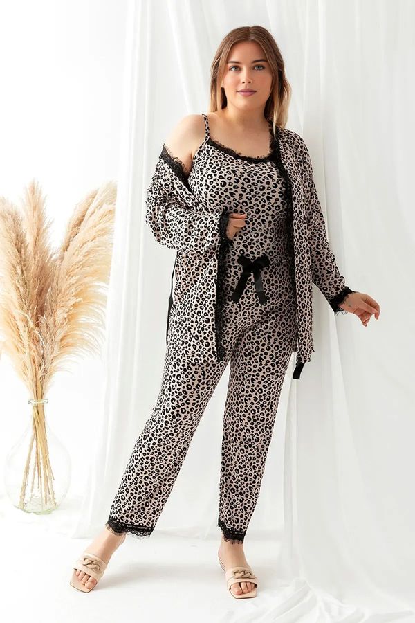 Trendyol Trendyol Curve Multicolor Leopard Print 3-Pack Knitted Pajamas Set with Lacing and Lace Detail