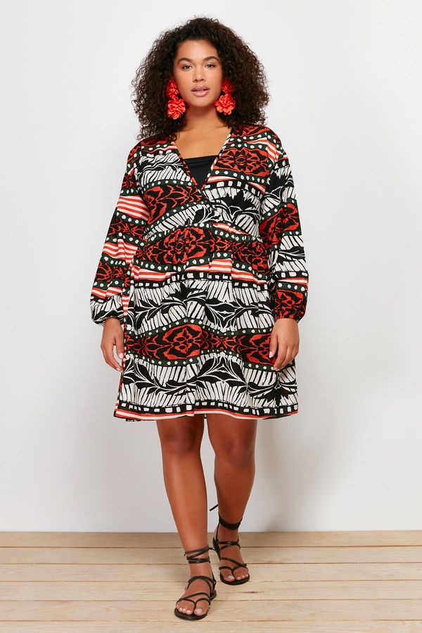 Trendyol Trendyol Curve Multicolored Ethnic Patterned Double Breasted Voile Beach Dress