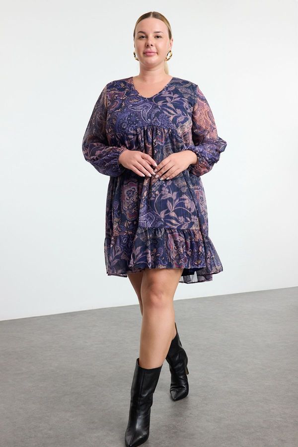 Trendyol Trendyol Curve Multicolored Floral Glittery Skirt Ruffle Woven Plus Size Dress