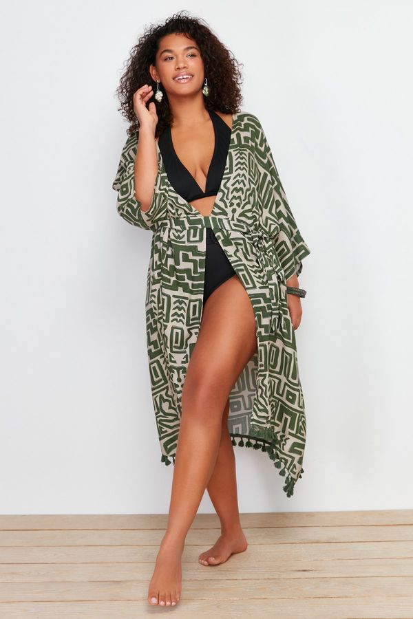 Trendyol Trendyol Curve Multicolored Hem Tasseled Bat Sleeve Viscose Beach Wear Kimono & Kaftan