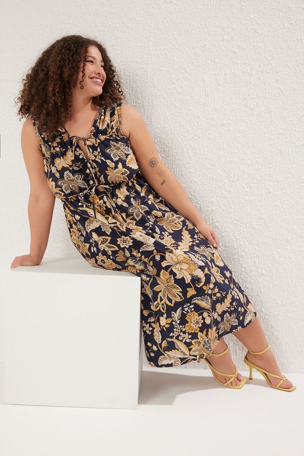 Trendyol Trendyol Curve Multicolored Summer Floral Sleeveless Midi Knit Plus Size Dress