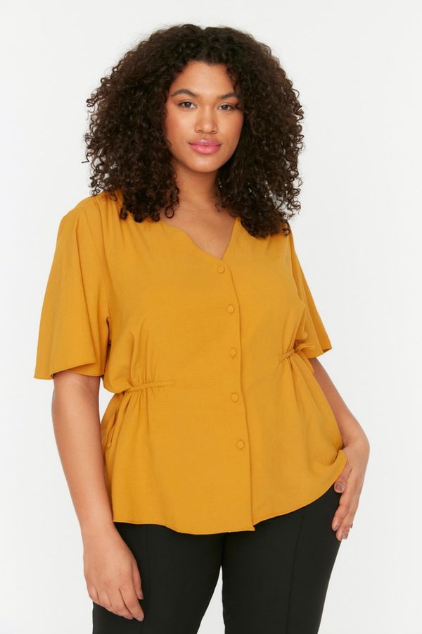 Trendyol Trendyol Curve Mustard Woven V-Neck Tie-Up Blouse