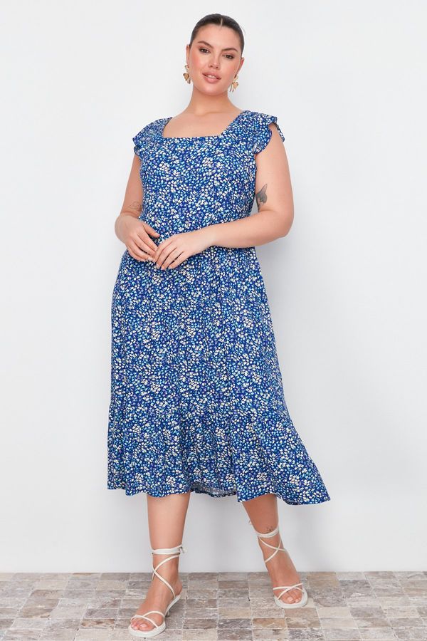 Trendyol Trendyol Curve Navy Blue A-Line Midi Ruffled Floral Patterned Woven Dress