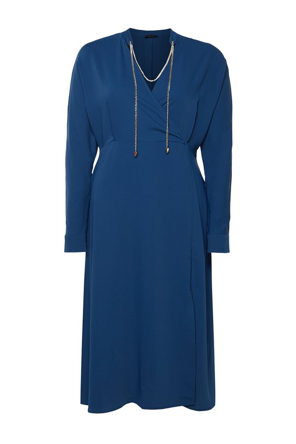 Trendyol Trendyol Curve Navy Blue Accessory Detailed Midi Woven Dress