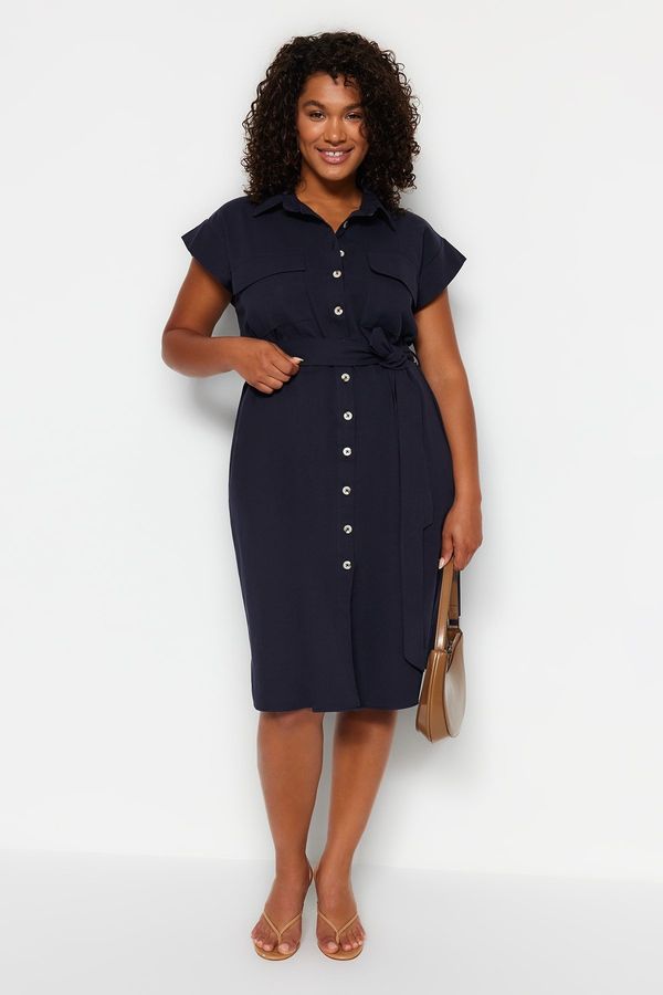 Trendyol Trendyol Curve Navy Blue Belted Woven Shirt Dress