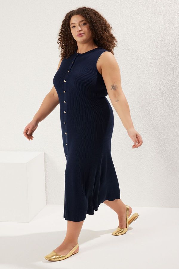Trendyol Trendyol Curve Navy Blue Button Detail Midi Length Knit Dress