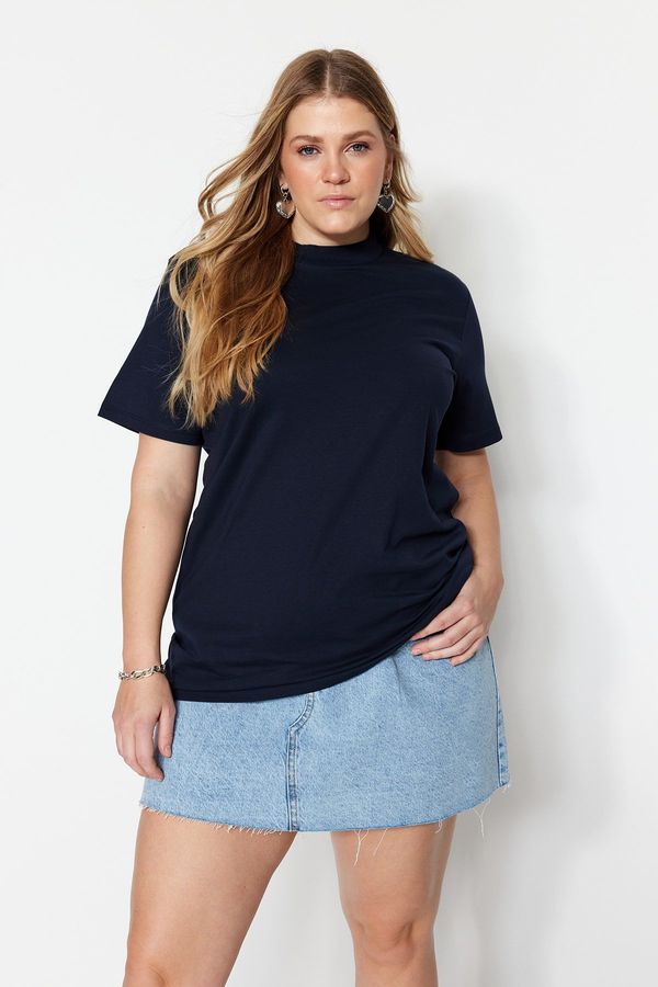 Trendyol Trendyol Curve Navy Blue Collar Ribbed Boyfriend Knitted T-shirt