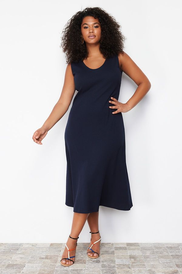 Trendyol Trendyol Curve Navy Blue Corded A-line Midi Knitted Dress