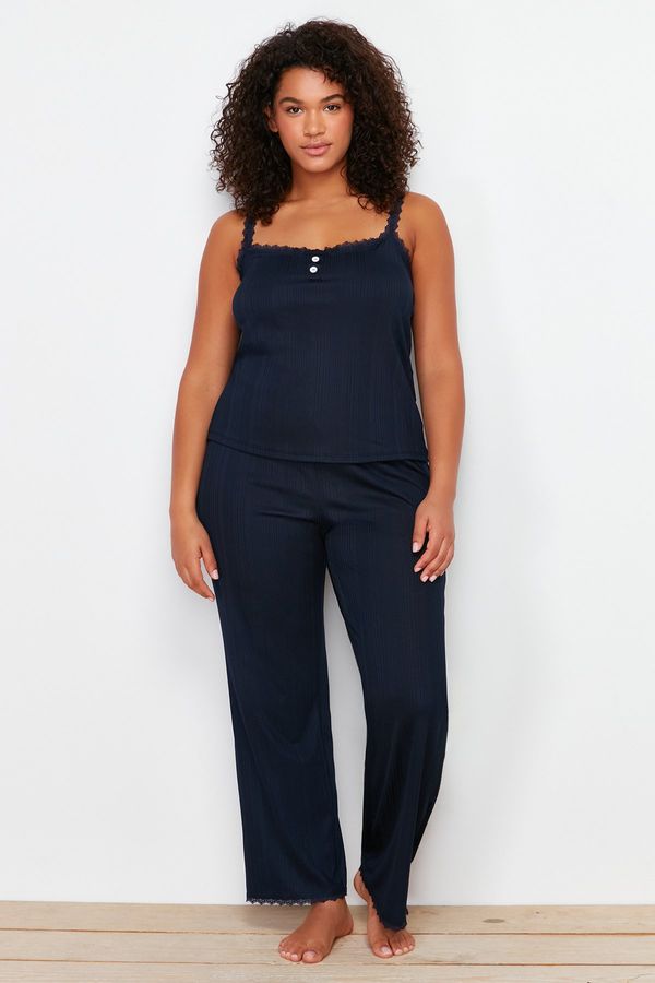 Trendyol Trendyol Curve Navy Blue Corded Strappy Knitted Pajamas Set