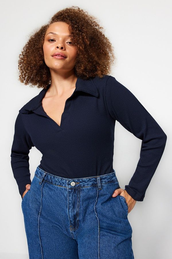 Trendyol Trendyol Curve Navy Blue Fitted Ribbed Shirt Collar Snap Snap Knitted Bodysuit