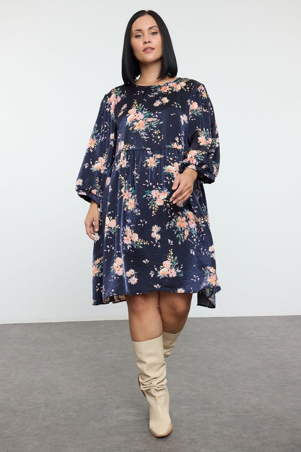 Trendyol Trendyol Curve Navy Blue Floral Crew Neck Balloon Sleeve Mini Woven Plus Size & Maternity Dress