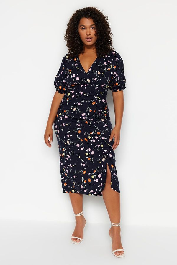Trendyol Trendyol Curve Navy Blue Floral Knitted Dress With Double Breasted Collar