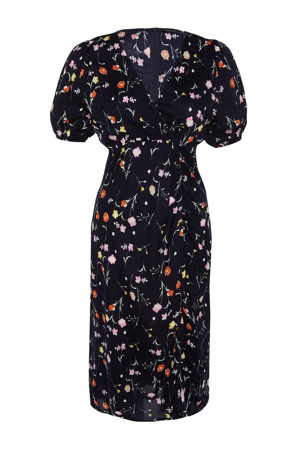 Trendyol Trendyol Curve Navy Blue Floral Knitted Dress With Double Breasted Collar