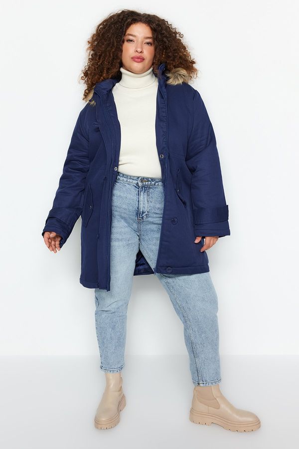 Trendyol Trendyol Curve Navy Blue Fur Hooded Coat