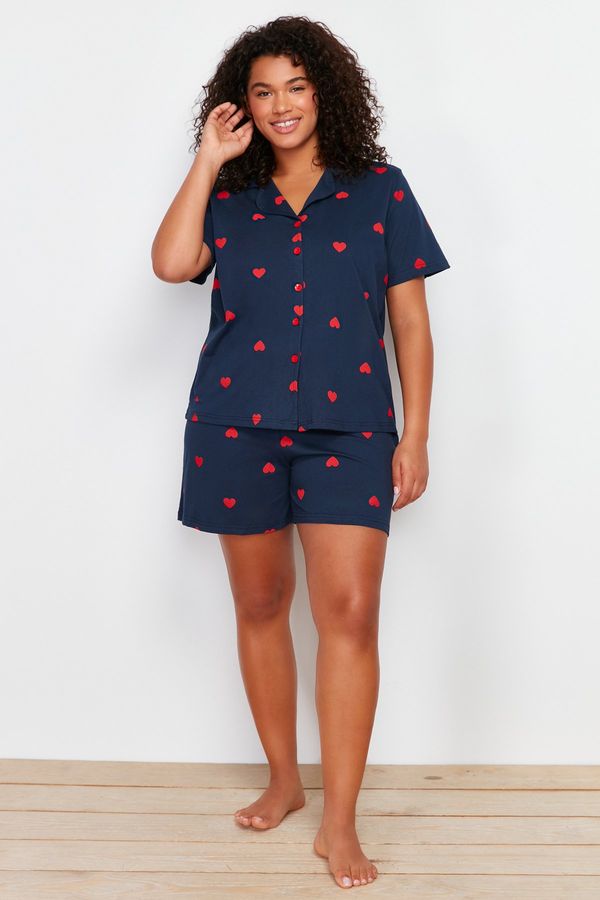 Trendyol Trendyol Curve Navy Blue Heart Print Shirt Collar Knitted Pajamas Set