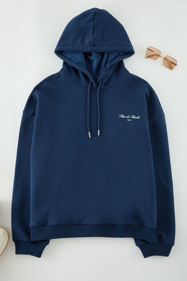 Trendyol Trendyol Curve Navy Blue Hooded Basic Sweatshirt