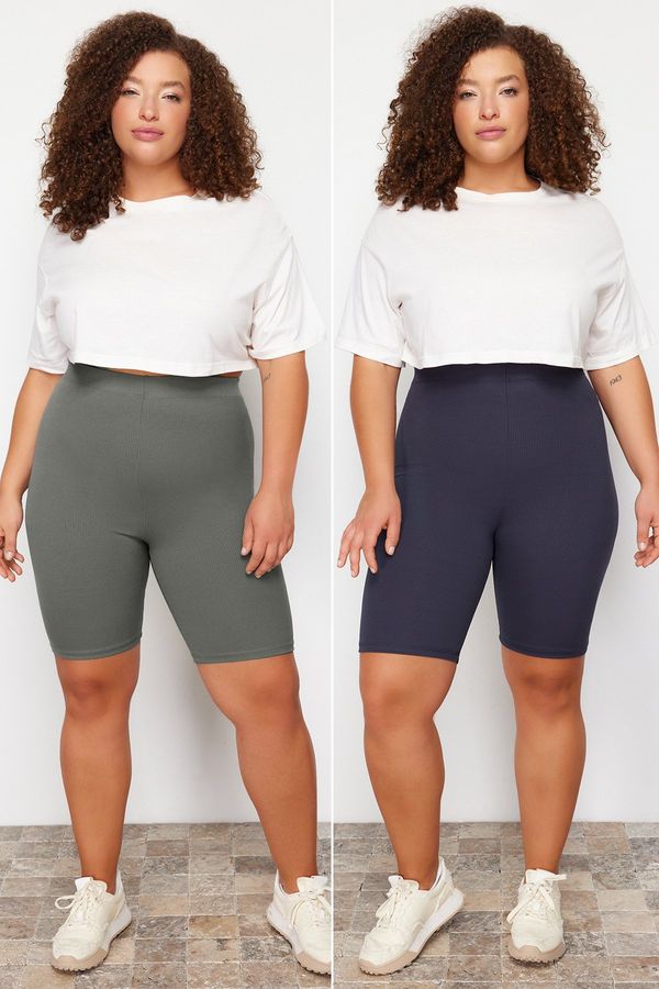 Trendyol Trendyol Curve Navy Blue-Khaki High Waist 2-Pack Biker Short Length Ribbed Knit Plus Size Leggings