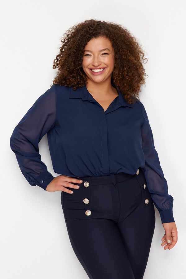 Trendyol Trendyol Curve Navy Blue Long Sleeve Buttoned Chiffon Woven Plus Size Shirt