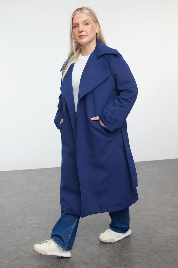 Trendyol Trendyol Curve Navy Blue Maxi Length Belted Technical Fabric Trench Coat