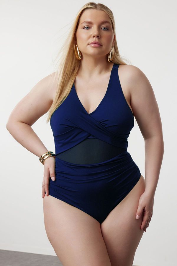 Trendyol Trendyol Curve Navy Blue Mesh Detailed Swimsuit