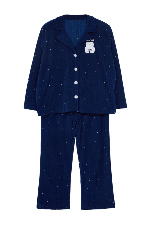 Trendyol Trendyol Curve Navy Blue Polka Dot Shirt Collar Knitted Pajama Set