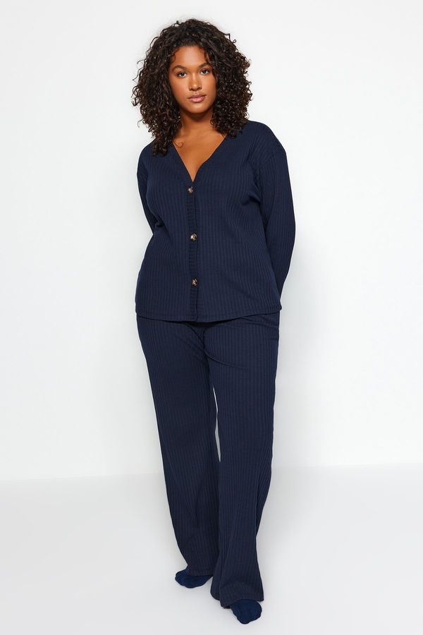 Trendyol Trendyol Curve Navy Blue Ribbed Knitted Two Piece Set