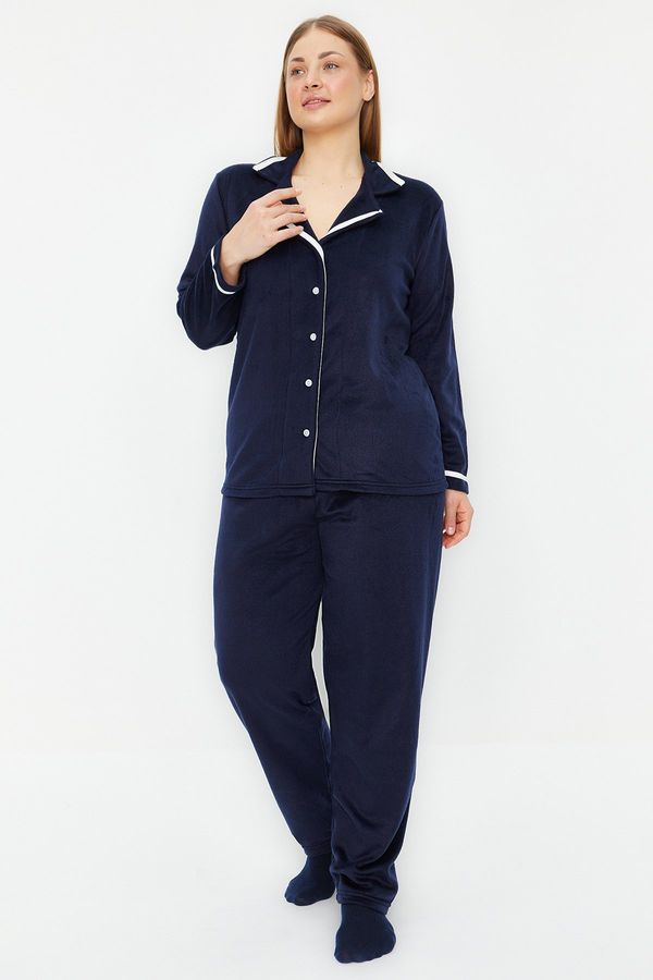 Trendyol Trendyol Curve Navy Blue Shirt Collar Piping Fleece Knitted Pajamas Set