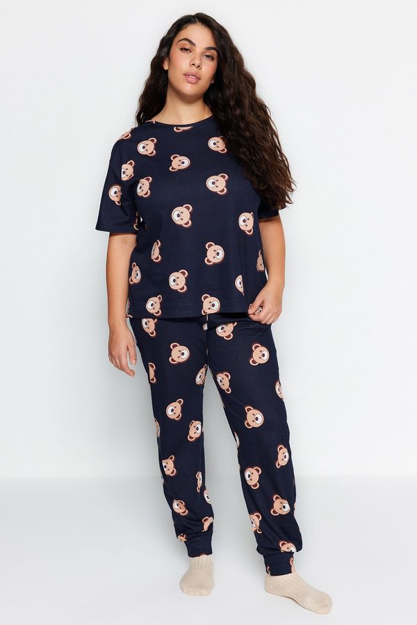 Trendyol Trendyol Curve Navy Blue Teddy Bear Pattern Knitted Pajamas Set