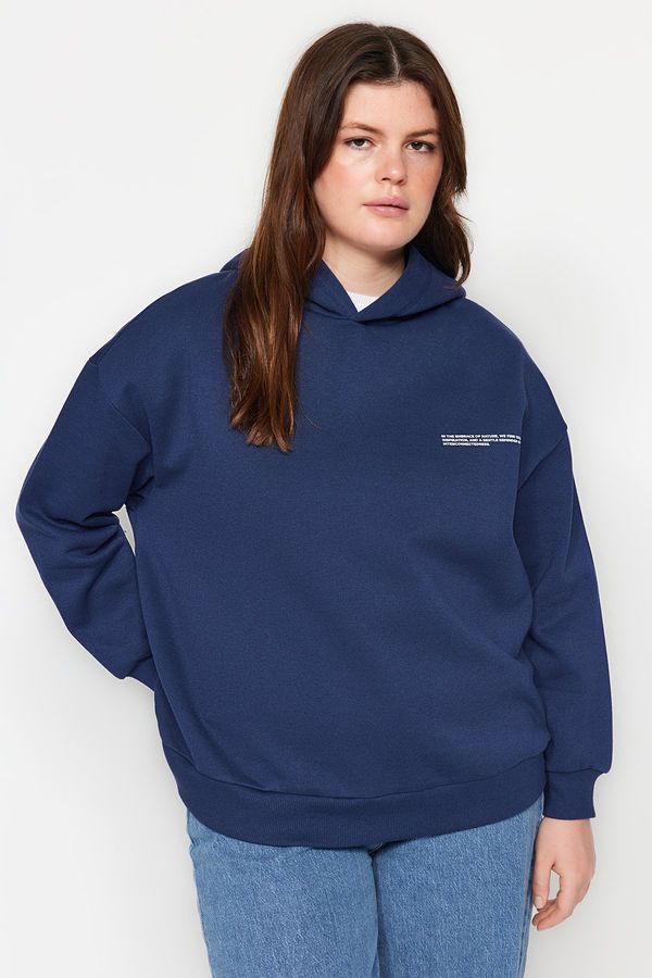 Trendyol Trendyol Curve Navy Blue Thick Fleece Print Detailed Knitted Sweatshirt