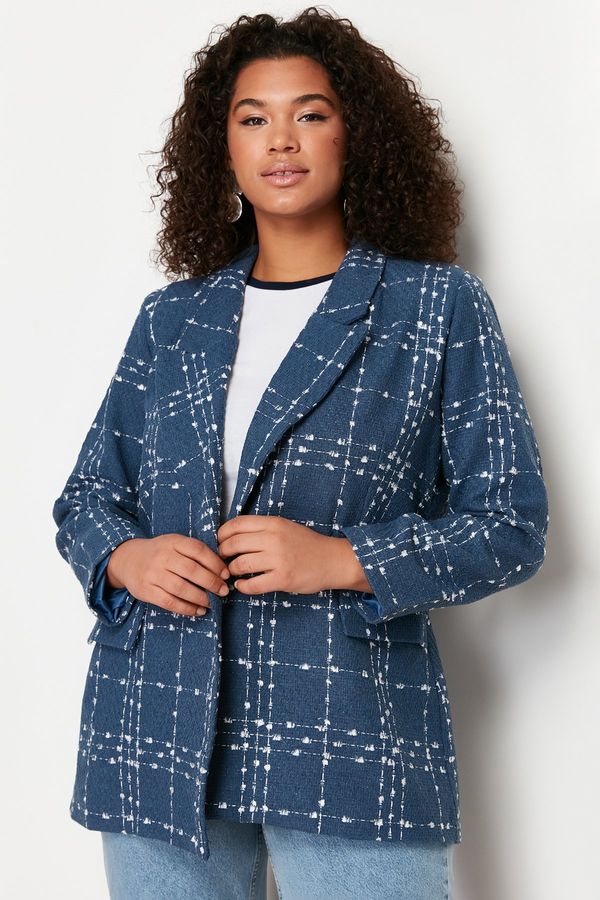 Trendyol Trendyol Curve Navy Blue Tweed Woven Blazer Jacket