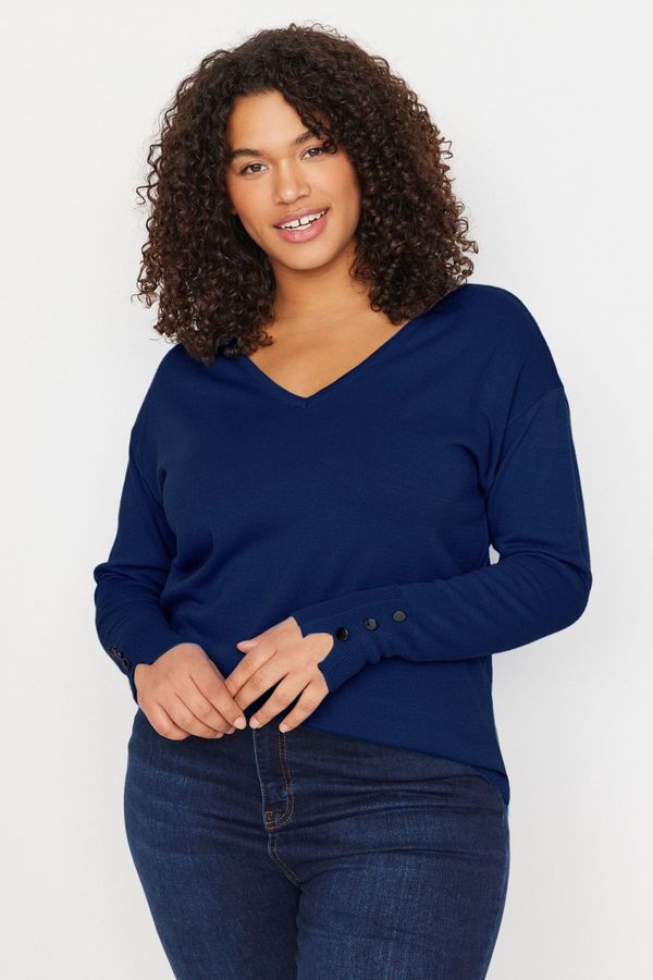 Trendyol Trendyol Curve Navy Blue V Neck Button Detailed Knitwear Sweater