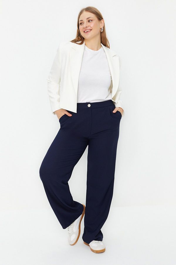 Trendyol Trendyol Curve Navy Blue Wide Leg Plus Size Fabric Trousers