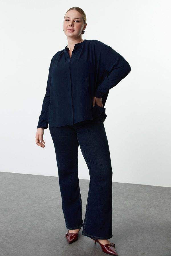 Trendyol Trendyol Curve Navy Blue Woven Long Sleeve Plus Size Shirt with Side Slits