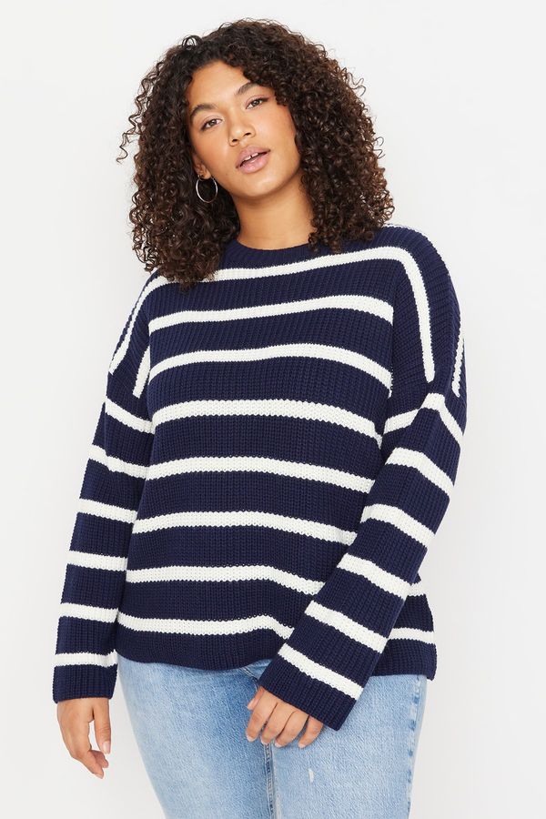 Trendyol Trendyol Curve Navy Striped Off Shoulder Knitwear Sweater