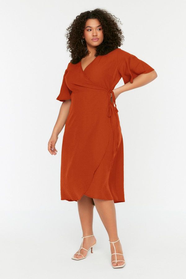Trendyol Trendyol Curve Orange Plain Wrap Midi Woven Plus Size Dress