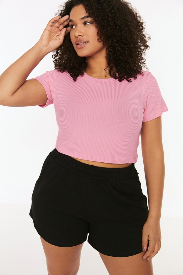Trendyol Trendyol Curve Pale Pink Crop Crew Neck Knitted T-Shirt