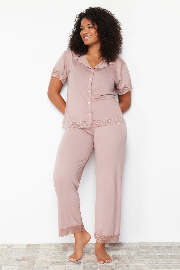 Trendyol Trendyol Curve Pale Pink Lace Knitted Pajamas Set