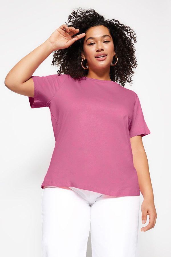 Trendyol Trendyol Curve Pale Pink Regular Fit Basic Crew Neck 100% Cotton Knitted Plus Size T-Shirt