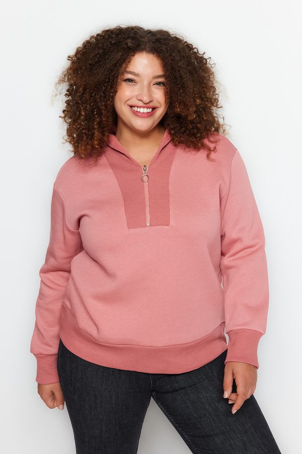 Trendyol Trendyol Curve Pale Pink Thick Fleece Inside Zipper Detailed Knitted Sweatshirt