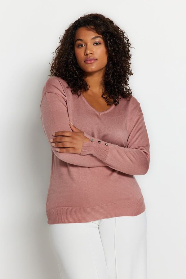 Trendyol Trendyol Curve Pale Pink V-Neck Button Detailed Knitwear Sweater